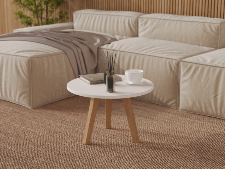 Moderní nízký kulatý dřevěný konferenční stolek s bílou deskou, 60 cm