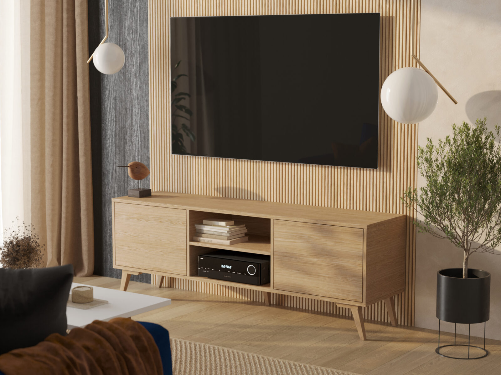 Meuble TV moderne en chêne 180 cm de large, 64 cm de haut