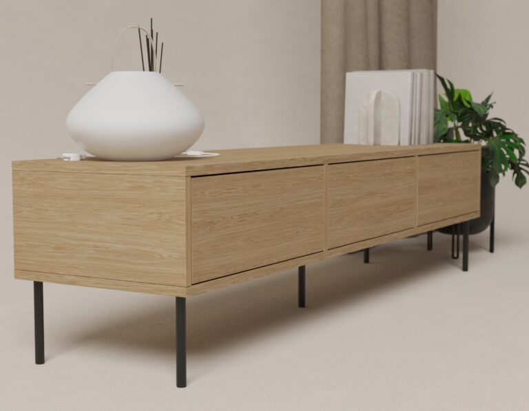 Moderní dřevěný TV stolek s kovovými nohami, 180 cm