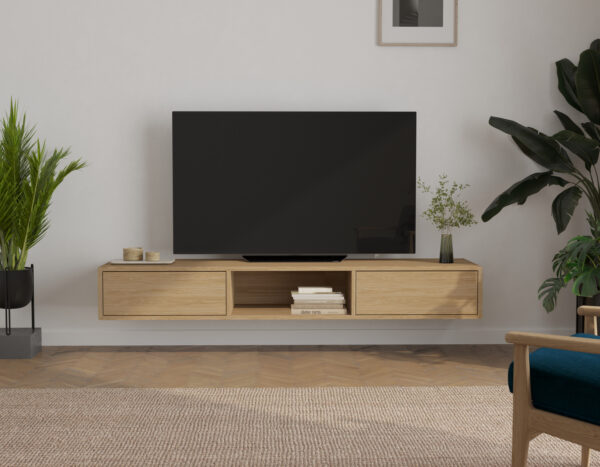 Moderní závěsný dubový TV stolek, 180 cm
