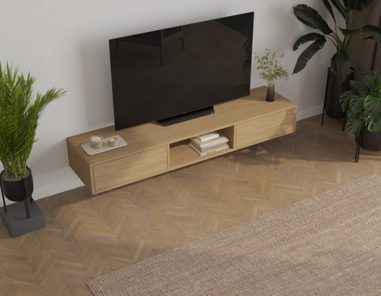 Moderní závěsný dubový TV stolek, 180 cm