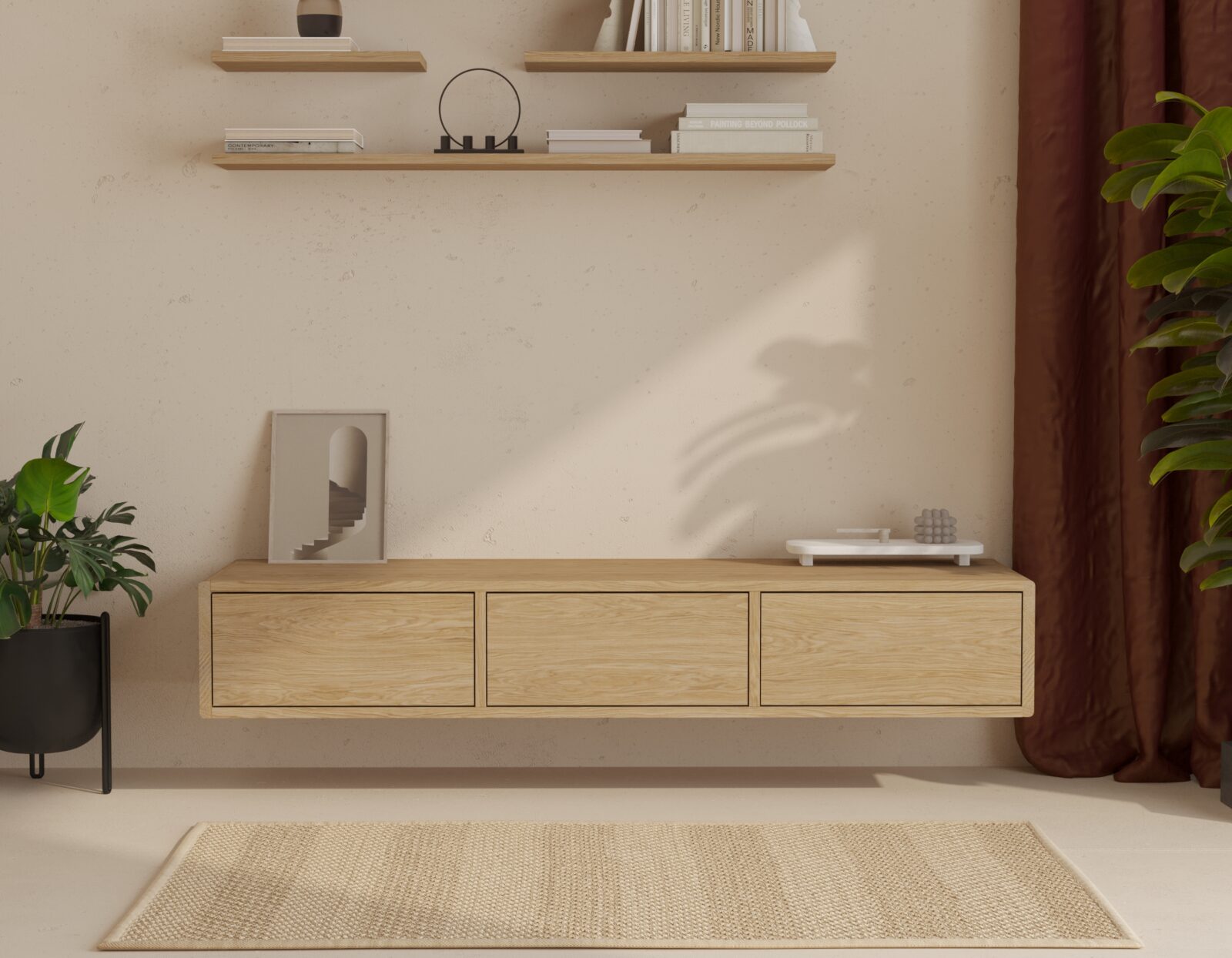 Závěsný TV stolek z masivního dubu, 150 cm