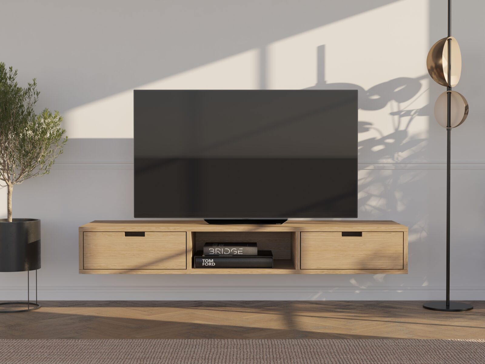 Závěsný dubový TV stolek se zásuvkami, 150 cm