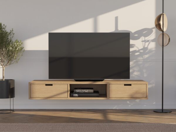 Závěsný dubový TV stolek se zásuvkami, 150 cm