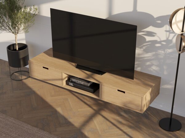Závěsný dubový TV stolek se zásuvkami, 150 cm