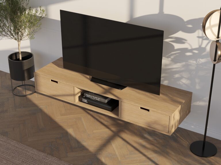 Závěsný dubový TV stolek se zásuvkami, 150 cm