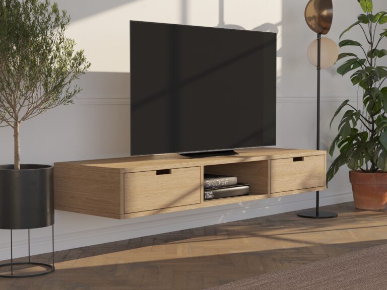 Závěsný dubový TV stolek se zásuvkami, 150 cm
