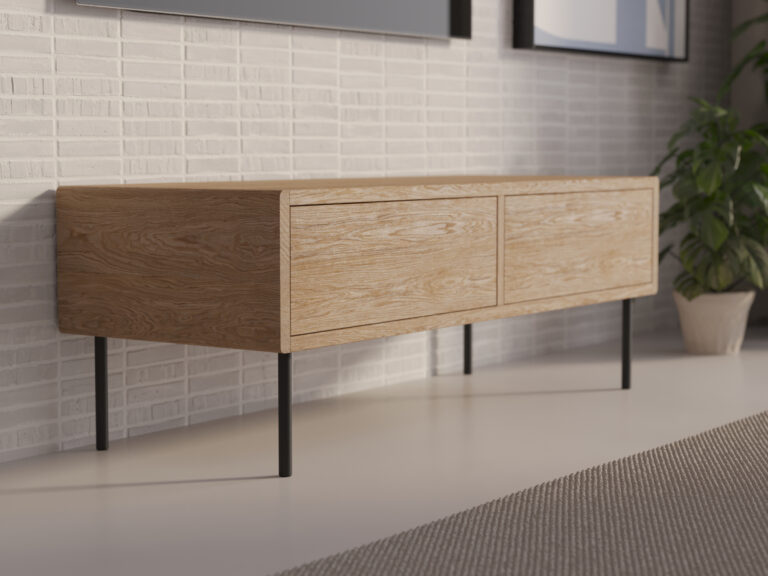 Industriální kompaktní dřevěný TV stolek se zaoblenými hranami, 120 cm