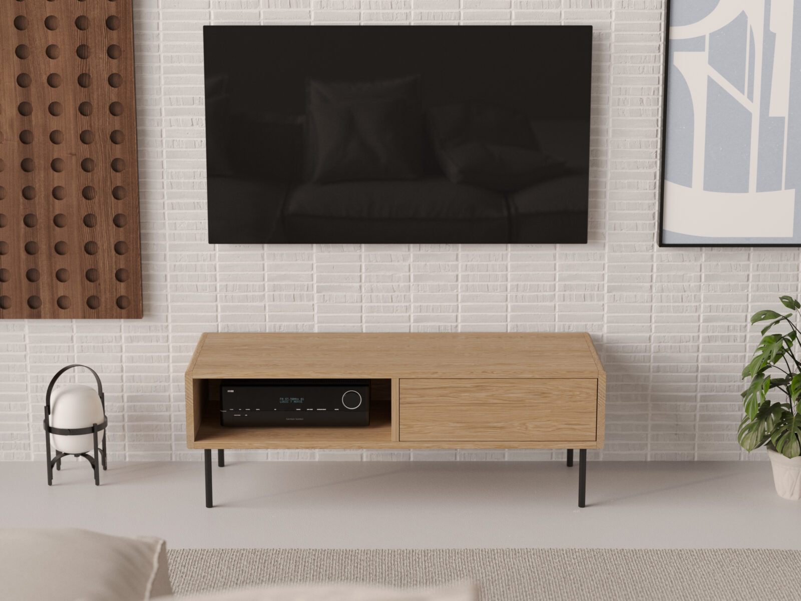 Industriální kompaktní dřevěný TV stolek se zaoblenými hranami, 120 x 45 cm