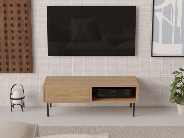 Industriální kompaktní dřevěný TV stolek se zaoblenými hranami, 120 x 45 cm