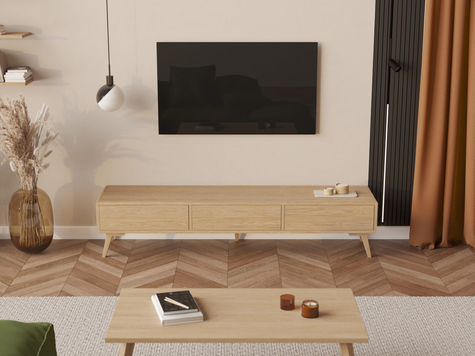 Moderní dřevěný TV stolek, 200 x 45 cm