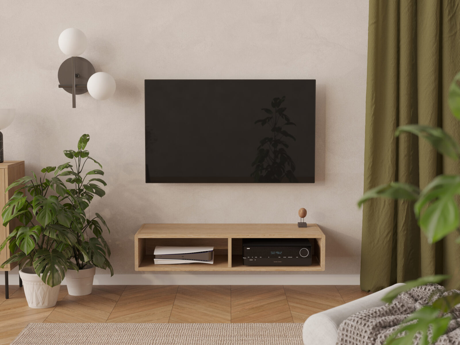 Závěsný dubový TV stolek s otevřenou policí, 120 cm