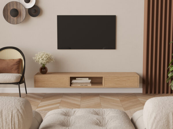 Závěsný TV stolek z masivního dubu se zaoblenými hranami, 200 cm