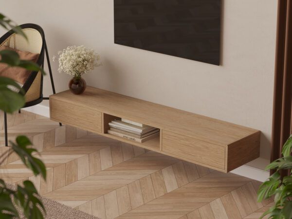 Závěsný TV stolek z masivního dubu se zaoblenými hranami, 200 cm