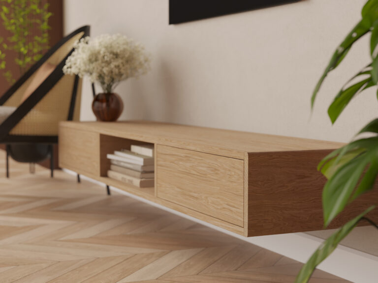 Závěsný TV stolek z masivního dubu se zaoblenými hranami, 200 cm
