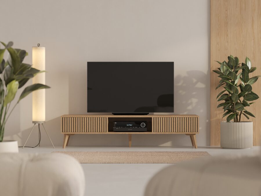 Dubový TV stolek s lamelovým dubovým čelem s dvířky, 180 cm