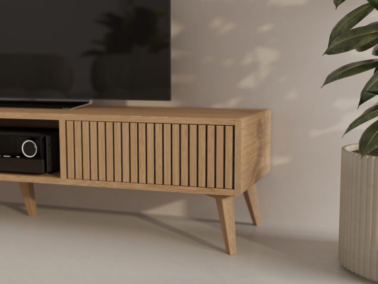 Dubový TV stolek s lamelovým dubovým čelem s dvířky, 180 cm