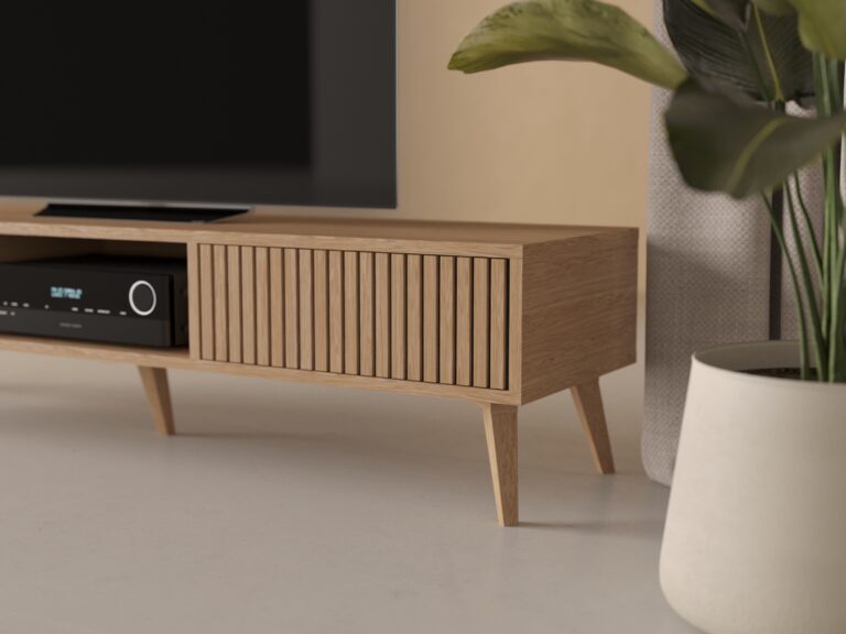 Moderní dubový TV stolek s lamelovým dubovým čelem s dvířky, 180 x 45 cm