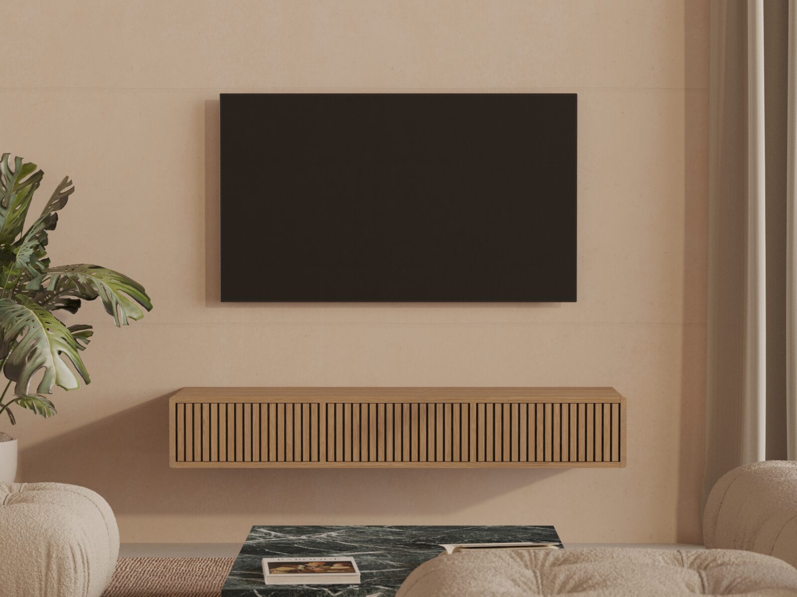 Závěsný TV stolek z masivního dubu s lamelovým dubovým čelem s dvířky, 150 cm
