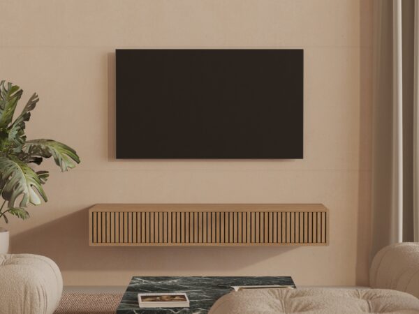 Závěsný TV stolek z masivního dubu s lamelovým dubovým čelem s dvířky, 150 cm