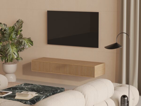 Závěsný TV stolek z masivního dubu s lamelovým dubovým čelem s dvířky, 150 cm