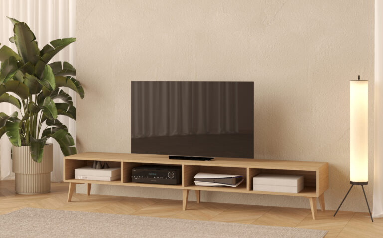 Dřevěný TV stolek s úložným prostorem, 240 x 45 cm