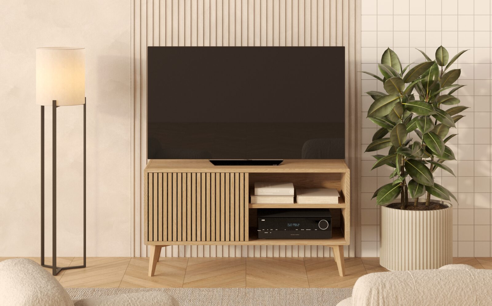 Kompaktní dubový TV stolek s lamelovým dubovým čelem s dvířky, 120 x 45 cm