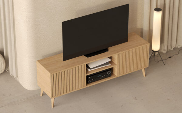 Moderní velký dubový TV stolek s lamelovým dubovým čelem s dvířky, 180 cm