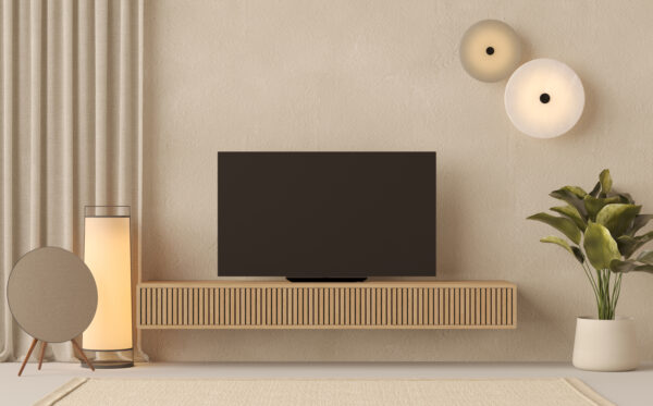 Moderní závěsný dubový TV stolek s lamelovým dubovým čelem s dvířky, 200 cm