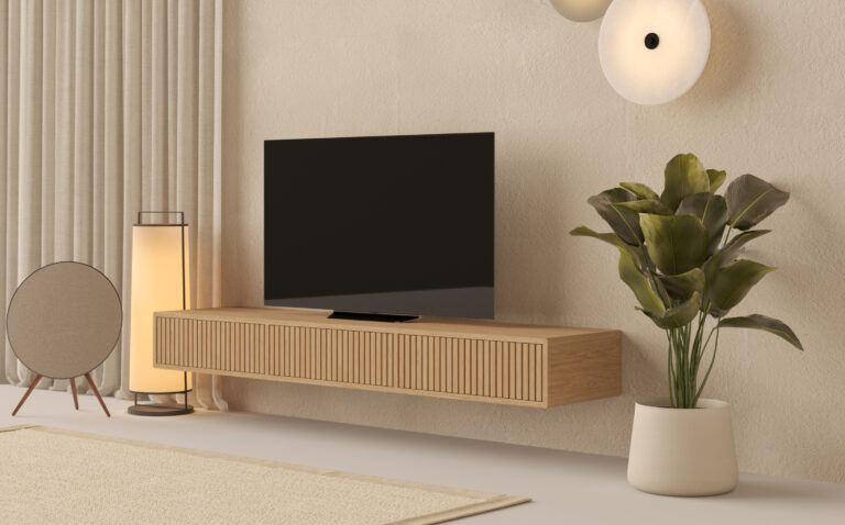 Moderní závěsný dubový TV stolek s lamelovým dubovým čelem s dvířky, 200 cm