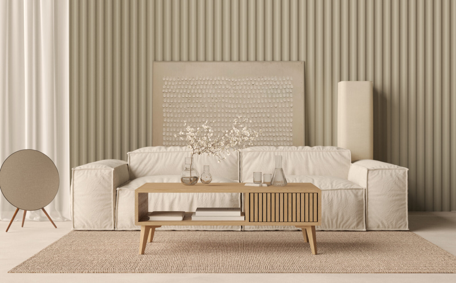 Velký nízký obdélníkový dubový konferenční stolek s lamelovým dubovým čelem, 120 x 60 cm