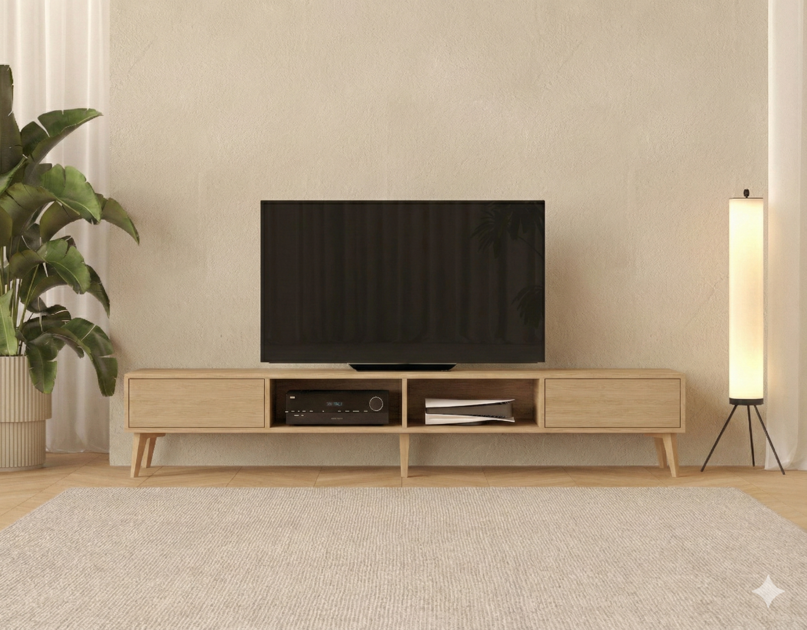 Dlouhý dřevěný TV stolek s dvířky s otevřenou policí, 240 cm