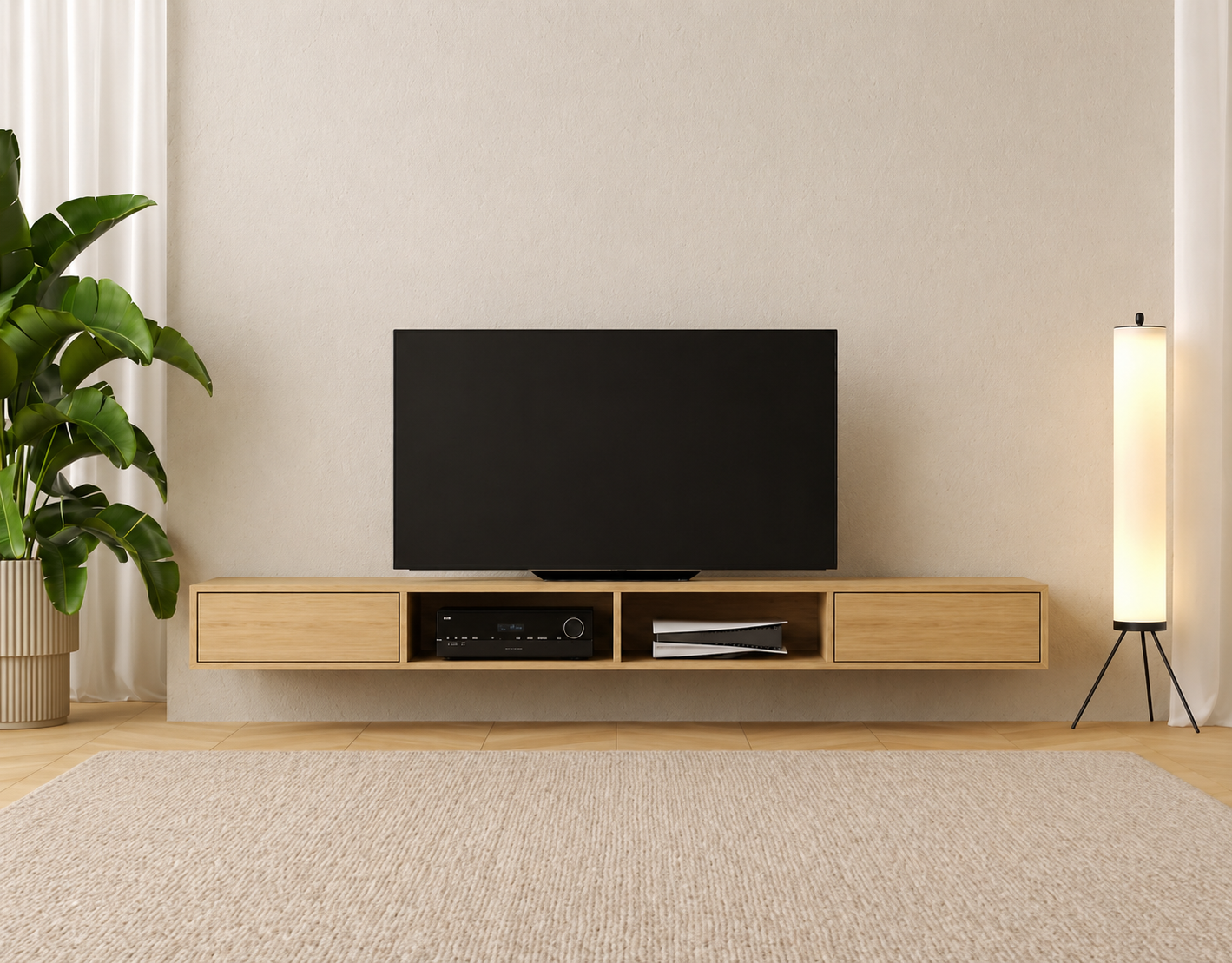 Moderní dlouhý závěsný TV stolek, 240 cm